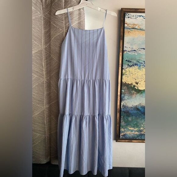 & OTHER STORIES Viscose Square Neck Midaxi Dress Blue Stripes Sz 4 Sleeveless - Picture 1 of 12